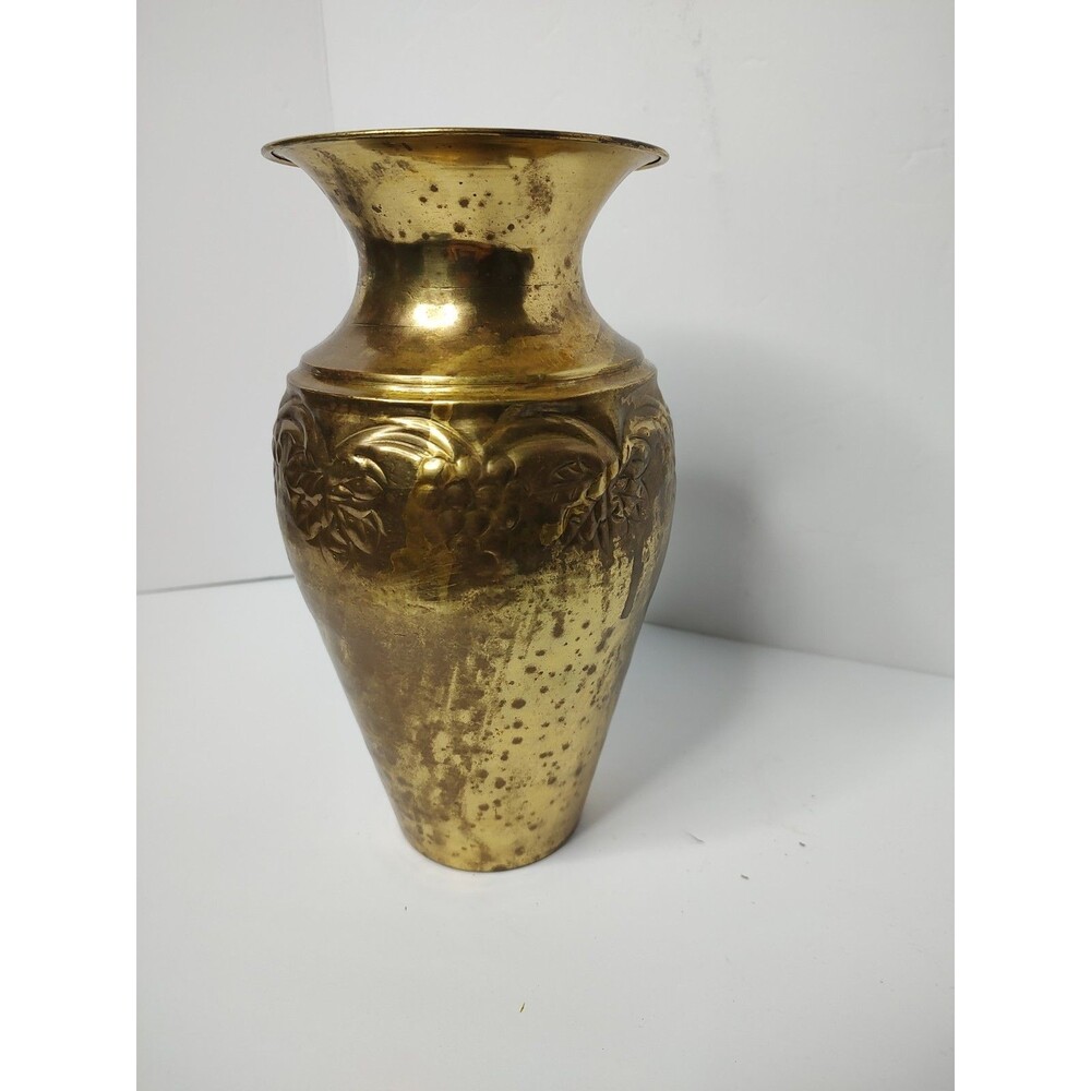 Vintage Hosley Brass Vase 10" Embossed Grapes Vines Urn India Hollywood Regency